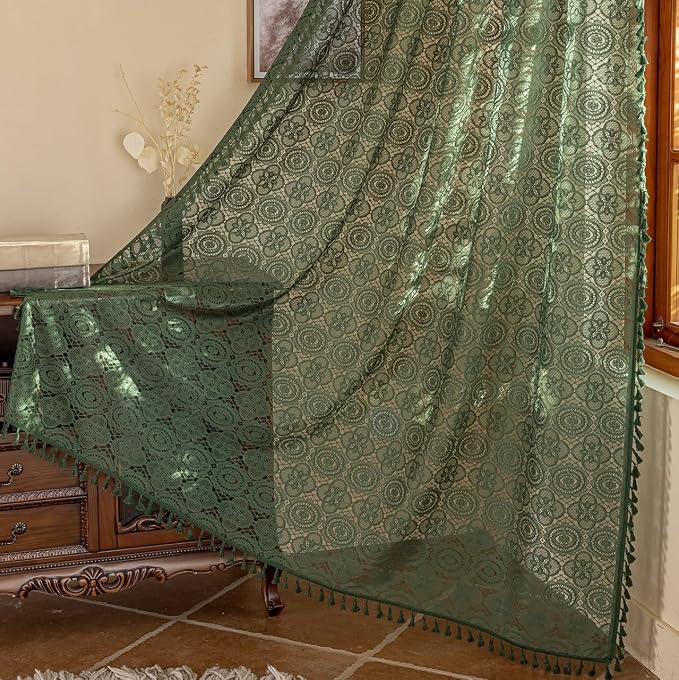 YJ YANJUN Boho Lace Curtains, Dark Green, 2 Panels | Vintage Floral Crochet - Image 3