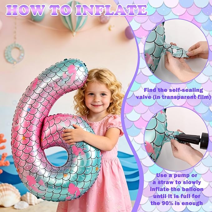 40 Inch Mermaid Number 6 Balloon, Sea Themed Birthday Decorations - Image 4