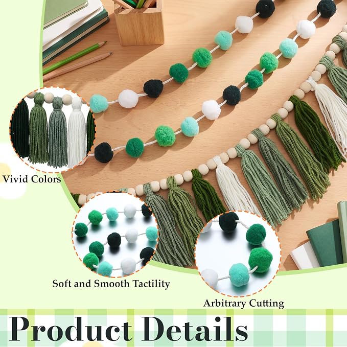 Hahafelt 3 Pcs Sage Green Tassel Garland, Pom Pom Tassel Garland, Boho Fabric - Image 3
