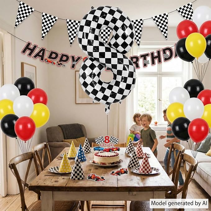 40 Inch Checkered Number 8 Balloon, Large Foil Black and White Number Balloons - Image 7