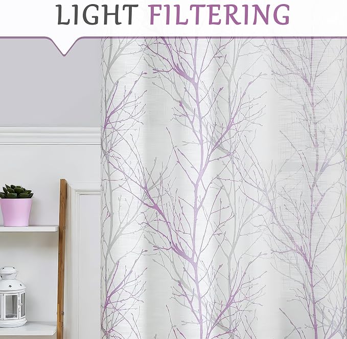 FMFUNCTEX Linen Lilac White Semi Sheer Print Curtains 72 Inch Long 2 Panels | - Image 7