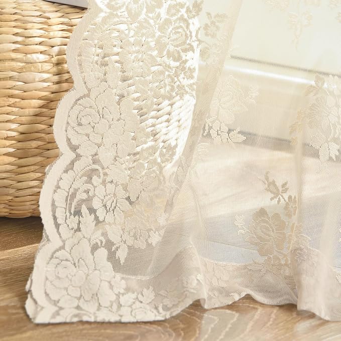 Kotile Beige Lace Curtains for Bedroom Rustic Floral 42 x 90 Inch, 2 Panels | - Image 9