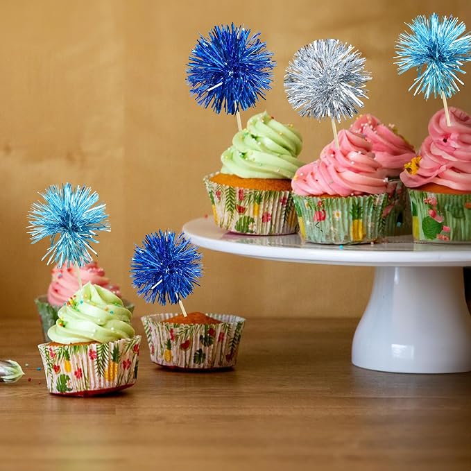 Gyufise 30Pcs Foil Firework Cupcake Toppers Sparkle Tinsel Cake Toppers Tinsel - Image 5