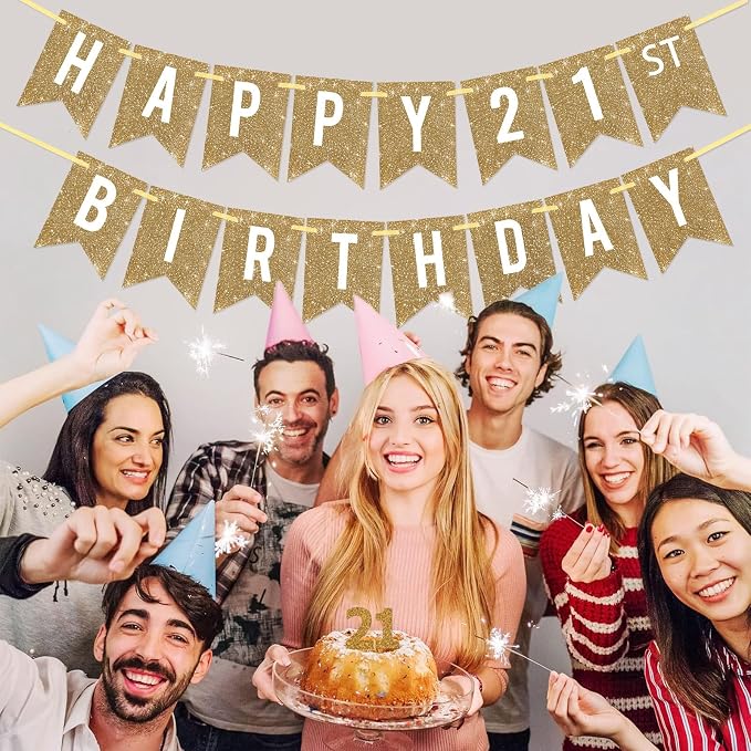 Netnology Pre-Strung Gold Glitter 21st Happy Birthday Banner Decorations | 12 - Image 7