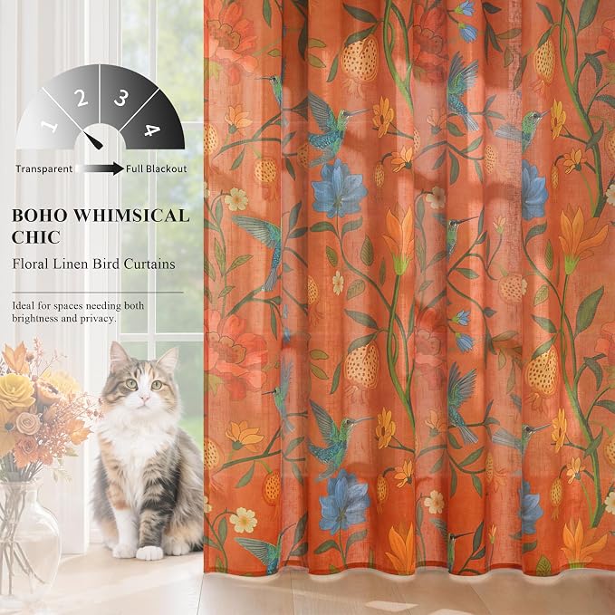 90 Inch Boho Floral Curtains Tropical Bird Print Linen Semi Sheer Window Drapes - Image 2
