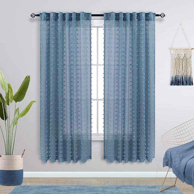 KOUFALL Grey Blue Curtains for Baby Nursery, Boho Pom Pom Light Filtering Sheer - Image 2