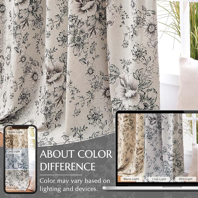 jinchan Black Floral Linen Blackout Curtains 72 Inch Back Tab 2 Panels | - Image 6