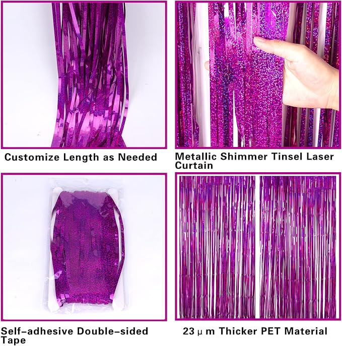 2 Pack 3.2ft x 8.2ft Hot Pink Metallic Tinsel Foil Fringe Curtains, Photo Booth - Image 5