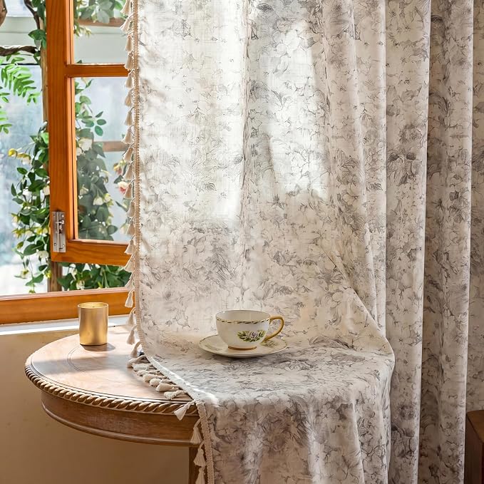 Floral Semi Sheer Rod Pocket 96 Inch Curtains 2 Panel Set - Image 6