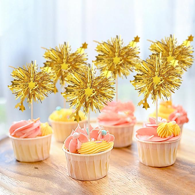 30 PCS Foil Firework Cupcake Toppers Star Cupcake Picks Sparkle Tinsel Flower - Image 4