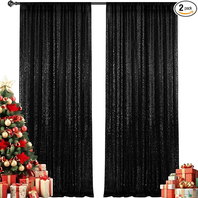 4×8FT-2PCS Black Sequin Backdrop Curtains Panels, Photography Backdrop Glitter by Pufogu
