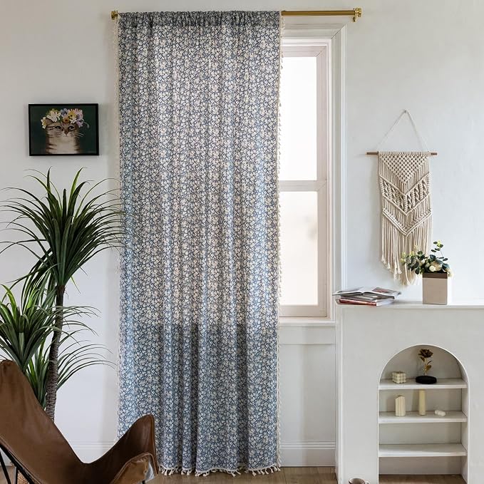ENJOYBRIDAL White Floral 63 Inch Curtains 2 Panel Set Semi Sheer Blue Drapes - Image 7