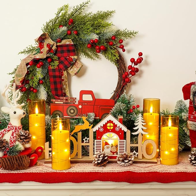 Homemory Flameless Candles with Embedded Star String Fairy Lights, Battery Operated Candles with Remote Control and Timer, Flickering LED Candle for Fall Pumpkin Decorations, Amber Gold, Set of 9