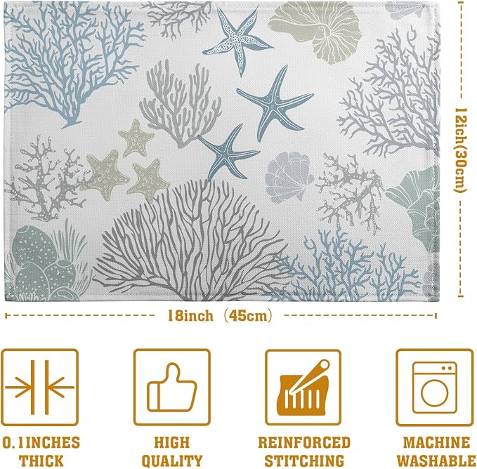 Summer Linen Placemats Set of 4 Nautical Coastal Theme Washable Non-Slip Heat - Image 4