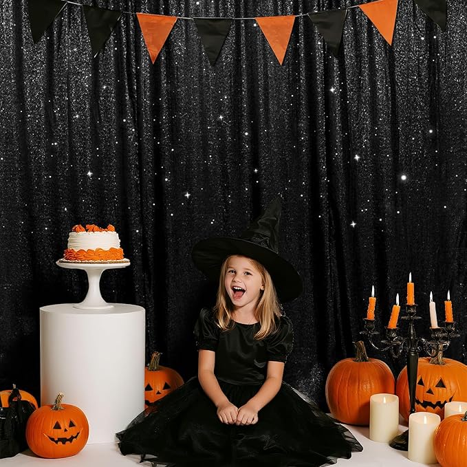 SquarePie Sequin Backdrop Less Transparent Background Sparkly Curtain for Wedding Halloween Party 4FT x 7FT Black