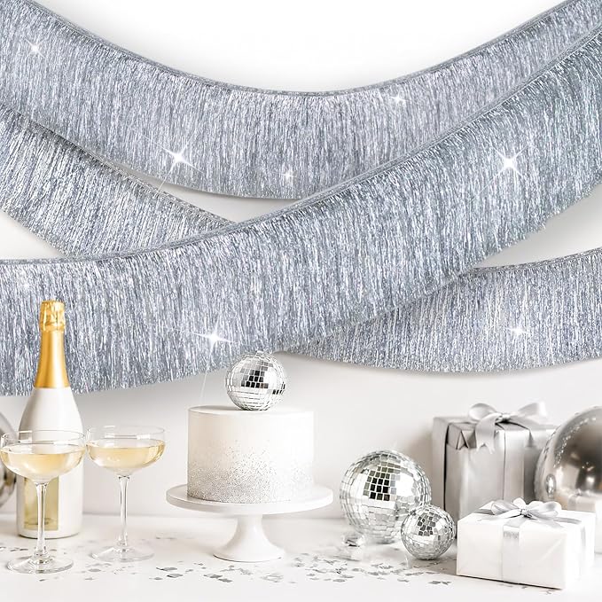 2 Pack Silver Fringe Garland Tinsel Banner Party Decoration | Dense Shiny by Rovplus