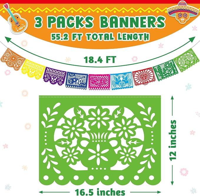 3 PCS Cinco De Mayo Decorations, Plastic Mexican Party Banner 55.2 FT Papel - Image 2