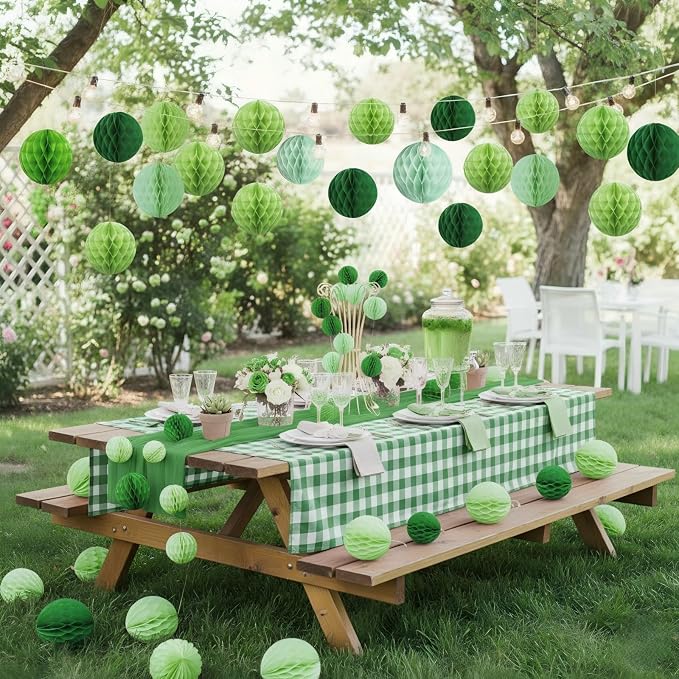 Green Paper Honeycomb Balls, 12 Pack Hanging Tissue Pom Poms - Image 3