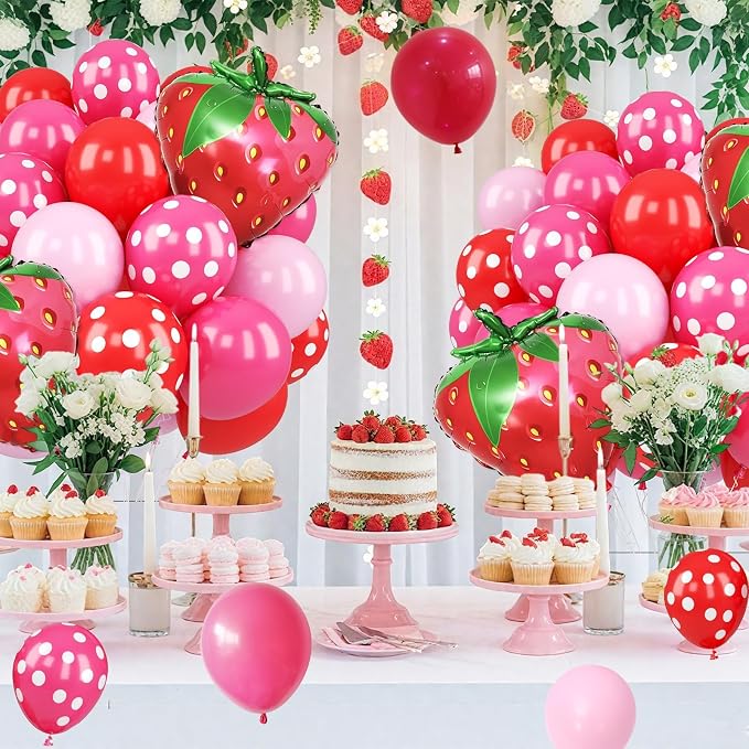 Strawberry Balloons, 12 Inch Red Macaron Pink Hot Pink Dot Balloons - Image 5