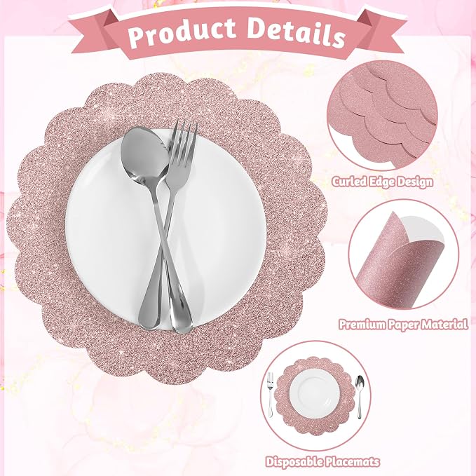 60 Pcs Rose Gold Glitter Paper Placemats, 13.5 Inch Scalloped Table Mats | - Image 4