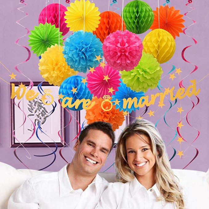 Colorful Paper Party Decorations, Tissue Paper Flower&Party Pom Poms wth Swirl - Image 8