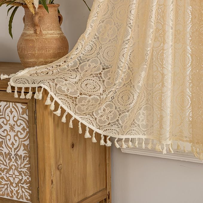 YJ YANJUN Boho Lace Curtains 30 inch Length 2 Panels, Vintage Floral Crochet - Image 2