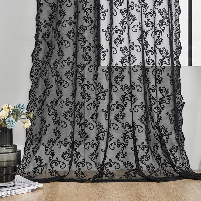 Black Lace Curtains 84 Inches Long 2 Panels Vintage Paisley Floral Sheer - Image 5
