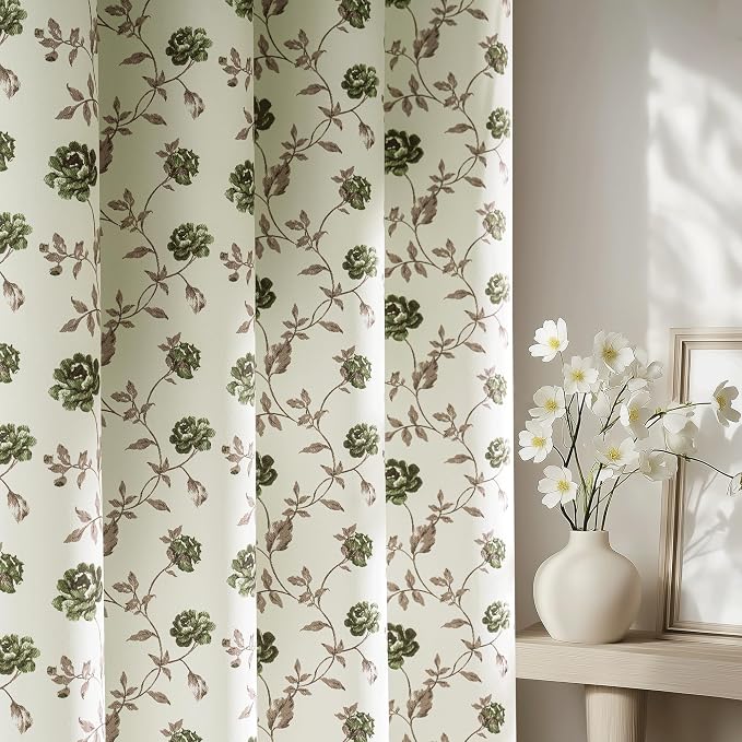 Beauoop Floral 100% Blackout Curtains Bedroom Green Brown 52x96 2 Panels | Rose by Beauoop