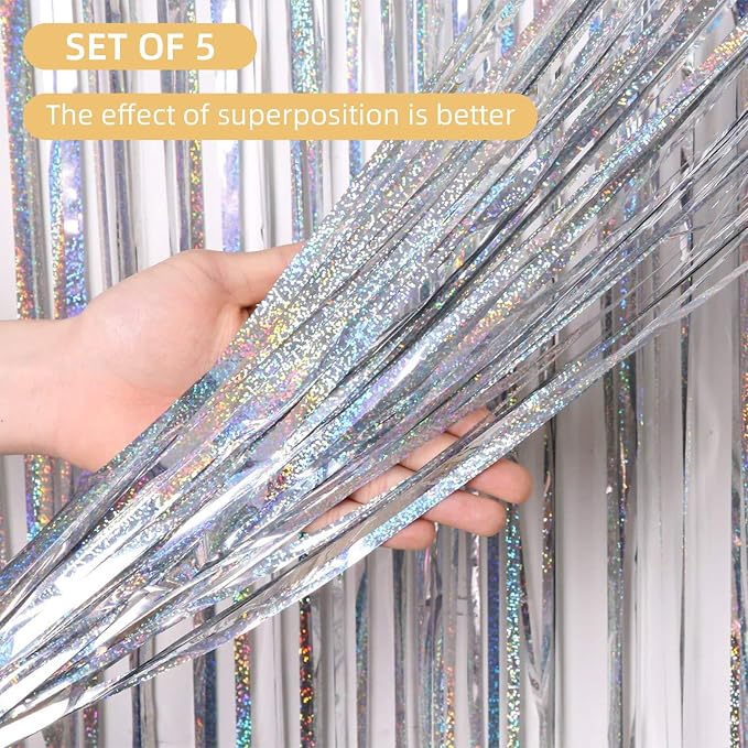 5 Pack Silver Foil Curtain Backdrop 3.2ft x 9.8ft Metallic Tinsel Foil Fringe - Image 2