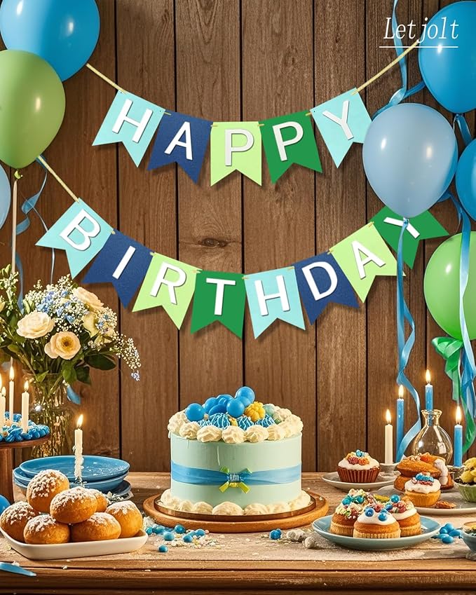Letjolt Happy Birthday Banner Blue Green Handmade Garland 13pcs | Pre-Strung - Image 7