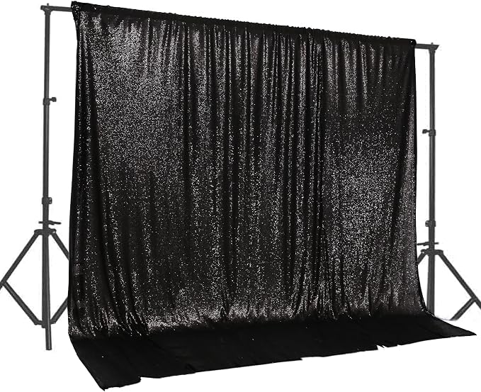 PartyDelight Black Sequin Backdrop 20x10ft Sparkly Photo Curtain | 4 Inch Rod by PartyDelight