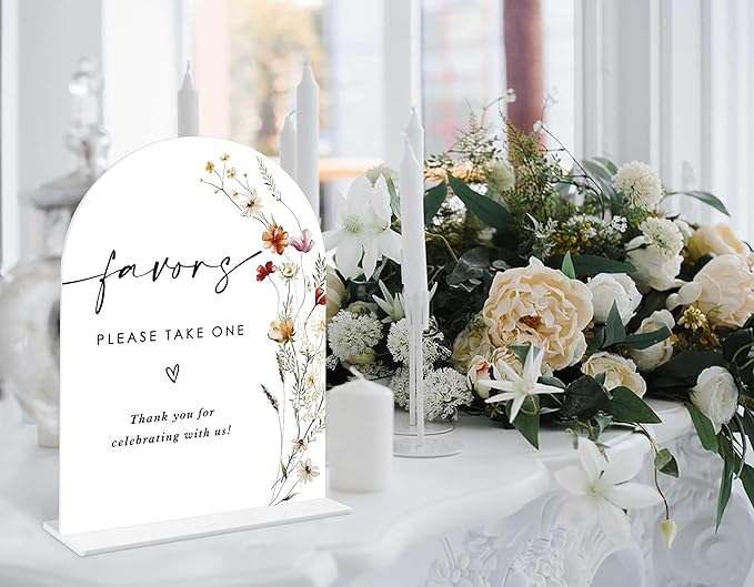 Boho Floral Favors Sign, 6 x 8 Inch White Arch Acrylic Wedding Sign with Holder, Wedding Sign for Ceremony and Reception, Wedding Decoration, Wedding Supplies - BX26