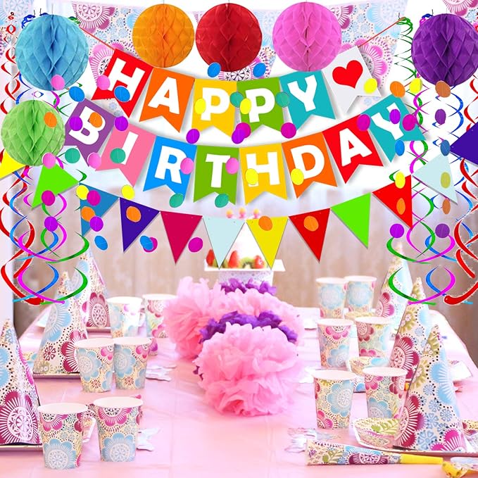 FECEDY Colorful Happy Birthday Banner Paper Triangle Flag Bunting Circle - Image 5