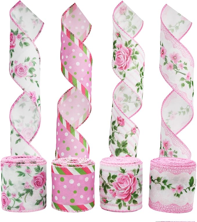 4 Rolls Pink Rose Floral Wired Edge Ribbon – 2.5 Inch, 5 Yards Each, Summer - Image 2