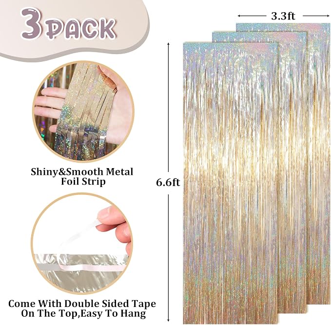 Voircoloria Champagne Foil Fringe Backdrop Curtains, Birthday Party Decorations - Image 3