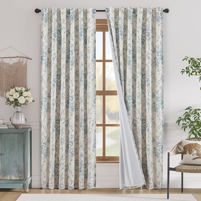 jinchan Blue Floral Linen Blackout Curtains Lined 90 Inch Back Tab 2 Panels | by JINCHAN
