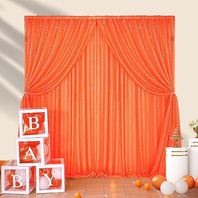 Orange Glitter Sequin Backdrop Curtains 2 Pcs 5FTx10FT Baby Shower Party - Image 8
