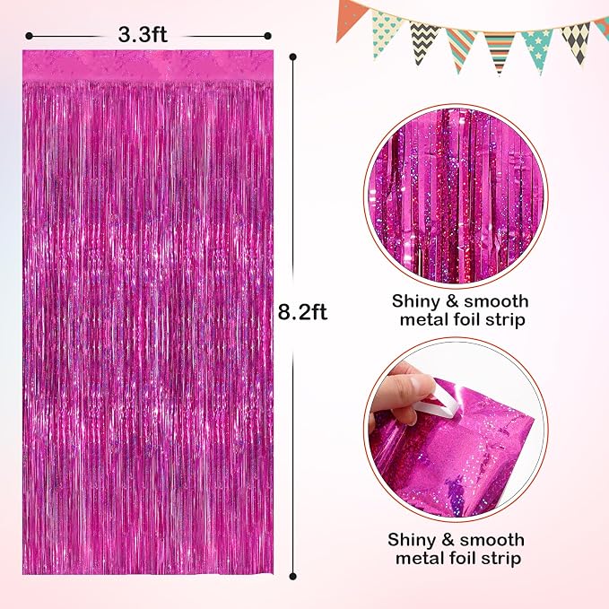 Hot Pink Metallic Tinsel Foil Fringe Curtains, 2 Pack 3.3x8.3 Feet Party - Image 2