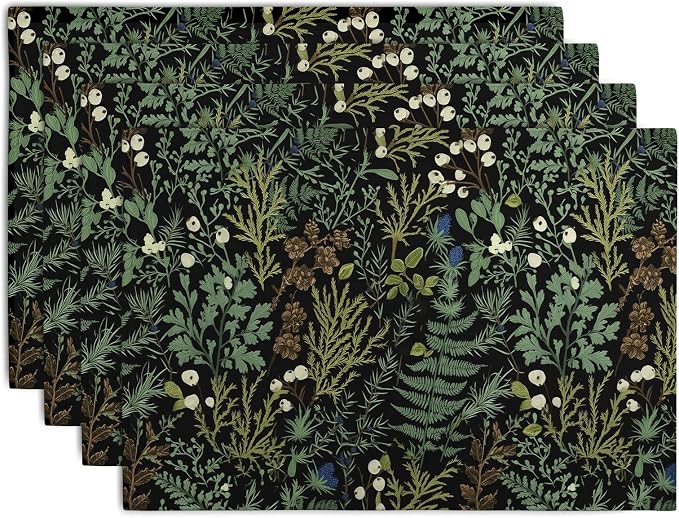 Black Sage Green Leaves Placemats Set of 4 Vintage Botanical Fern Leaf Floral by Wnoesat