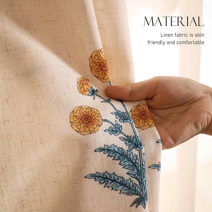 Designer Vintage Linen Printed Curtain, 2 Panels, Pale Yellow Floral Pattern - Image 3