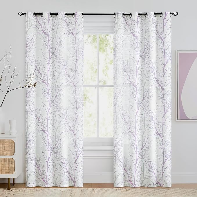 FMFUNCTEX Linen Lilac White Semi Sheer Print Curtains 72 Inch Long 2 Panels | - Image 2
