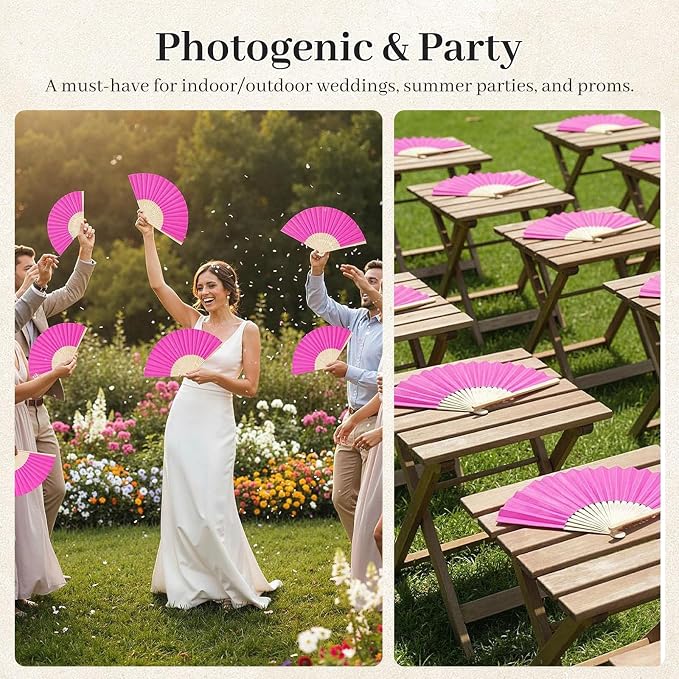 JOHOUSE 12 Pcs Paper Folding Hand Fans, 8.3 Inch Dark Pink Paper Fans Handheld - Image 2