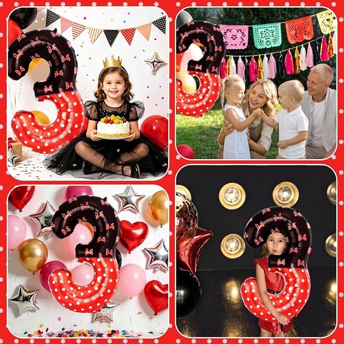 40 Inch Red Cartoon Mouse Number 3 Balloon, Birthday Party Decorations | Black - Image 7