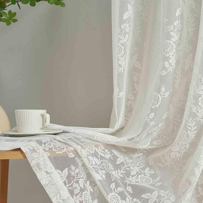 FINECITY Ivory Lace Curains for Bedroom Rustic Floral 52 x 90 Inch 2 Panels | - Image 7