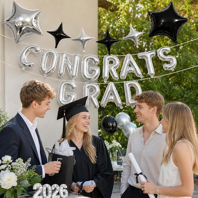 Congrats Grad Balloons, 16 Inch Black Silver Congrats Grad Letters Banner - Image 3