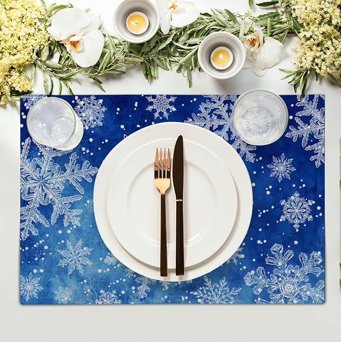 Winter Blue Snowflake Placemats Set of 4 Merry Christmas Snowflakes Linen - Image 3