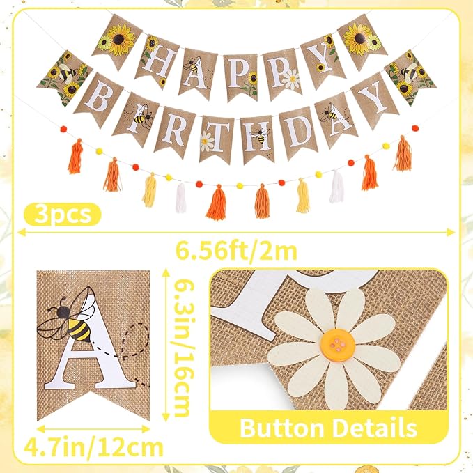 Burlap Sunflower Birthday Banners, Pre-strung Sunflower and Bee Themed Party - Image 3