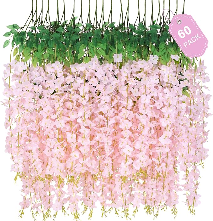 60 Pack Light Pink Wisteria Hanging Flowers, Fake Flowers by Waipfaru