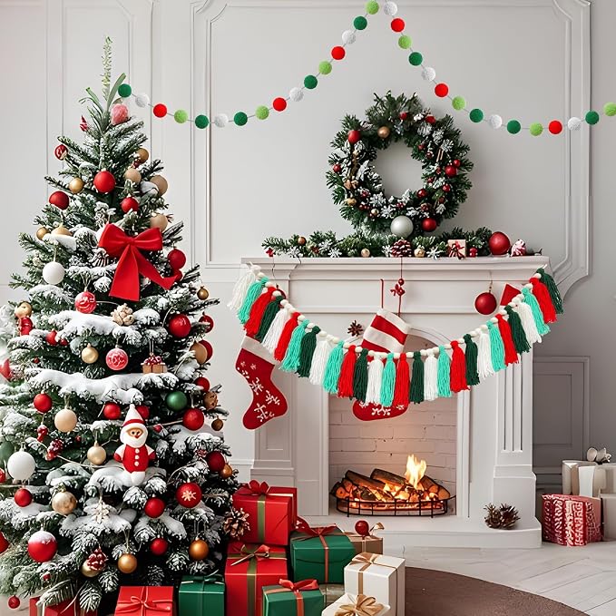 2 Pcs Boho Tassel Christmas Garland, Pom Pom Tassel, 6.5 Feet Long 20 Felt Balls - Image 4