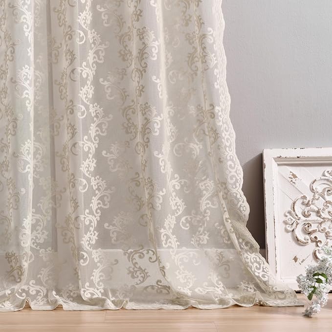 FOLKSIDE Khaki Lace Curtains 72 Inches Long 2 Panels Victorian Floral Sheer - Image 5